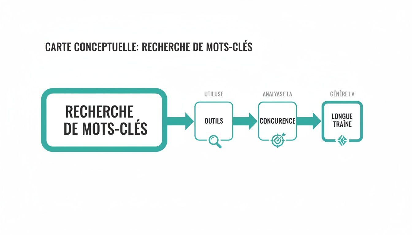 Carte conceptuelle expliquant le processus de recherche de mots-clés, incluant l'utilisation d'outils, l'analyse de la concurrence et la génération de longue traîne.