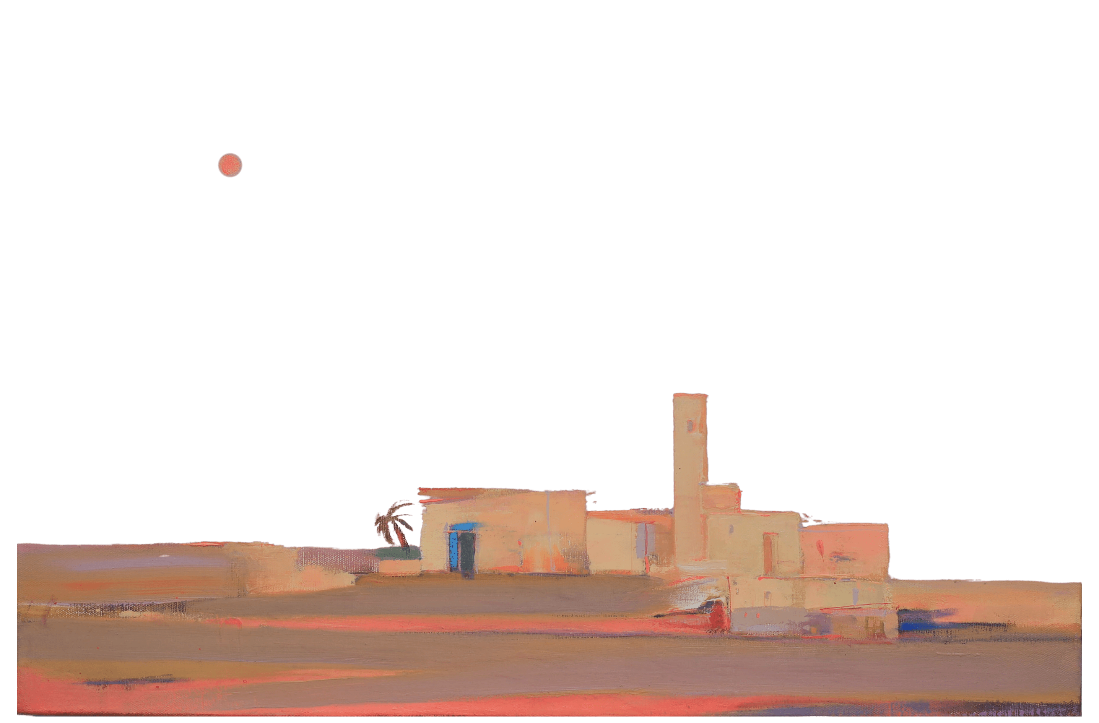 A solitary, minimalist building stands under a clear night sky with a full moon, casting a serene glow over the barren landscape, creating a tranquil and peaceful scene.