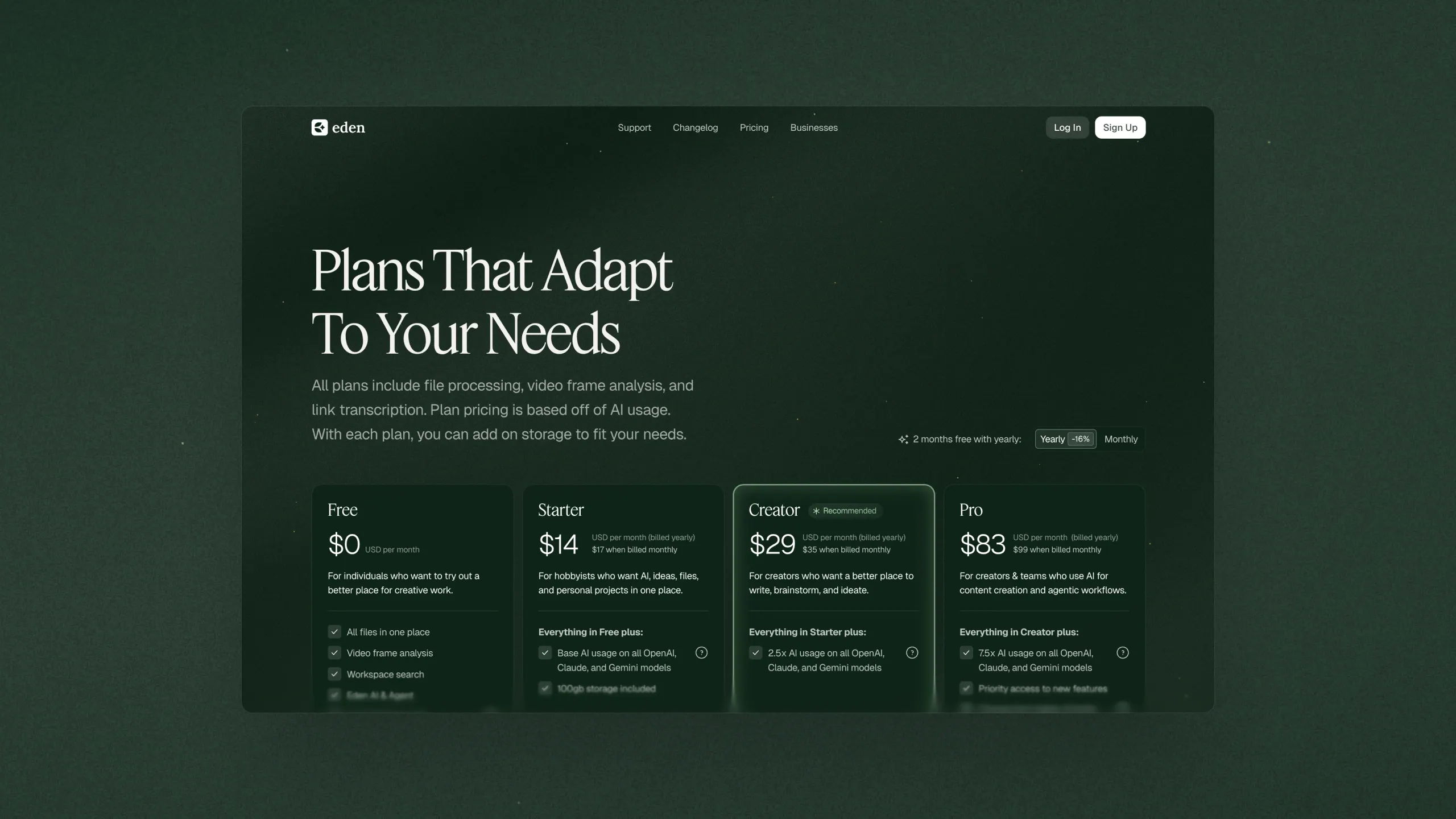 Eden pricing page design with plan cards