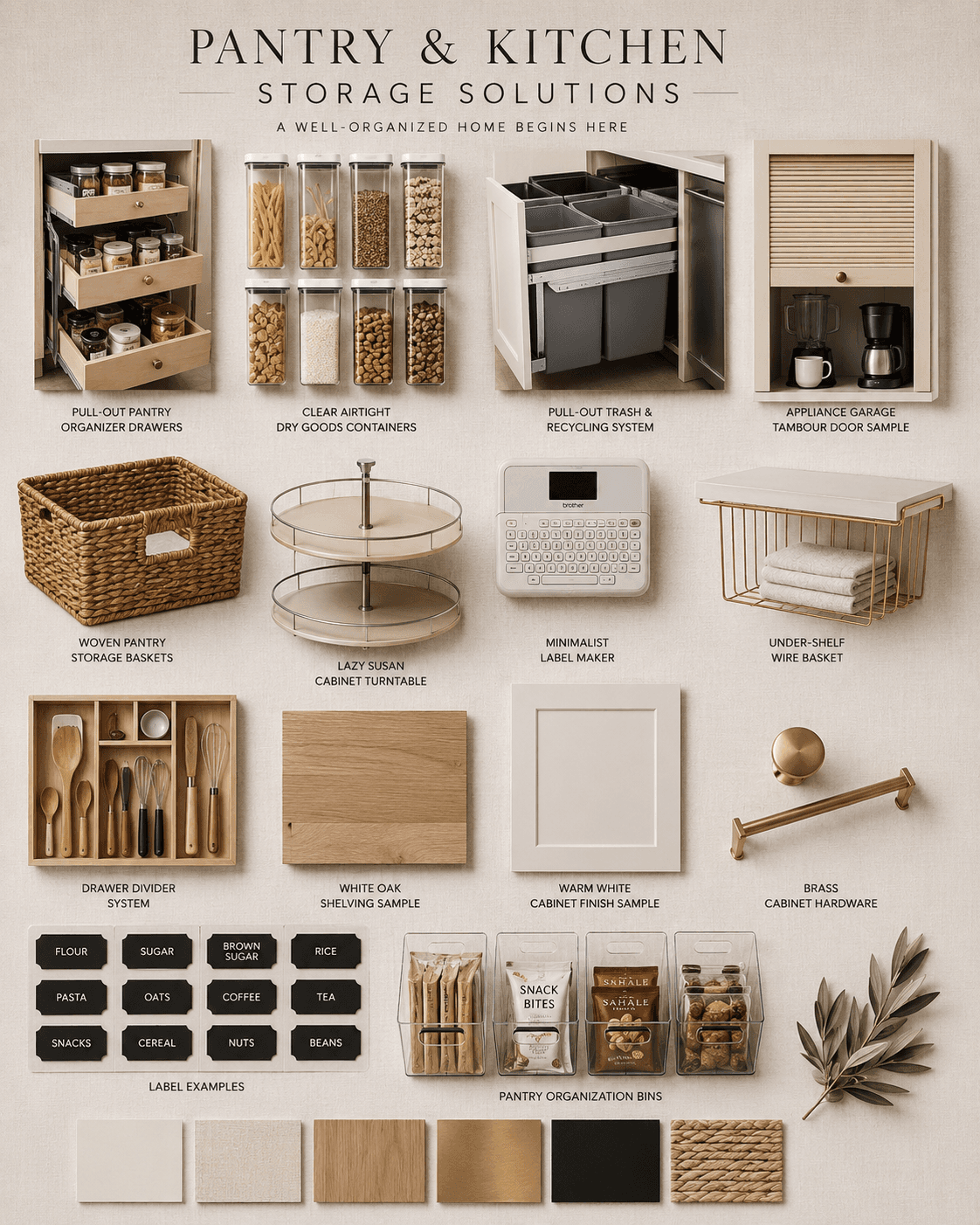 Comprehensive kitchen and pantry organization essentials and storage solutions, featuring modern wooden cabinets, metal shelving, glass storage jars, woven baskets, oil dispensers, ceramic mugs, stainless steel dual trash bin, wall-mounted racks, spice turntable, bamboo drawer organizers, book stand, potted plant, pull-out pantry drawers, clear airtight containers, appliance garage, lazy Susan, label maker, under-shelf wire basket, drawer dividers, white oak shelving, warm white cabinet finish, brass hardware, and labeled pantry bins, all arranged for efficient home organization and decluttering inspiration.