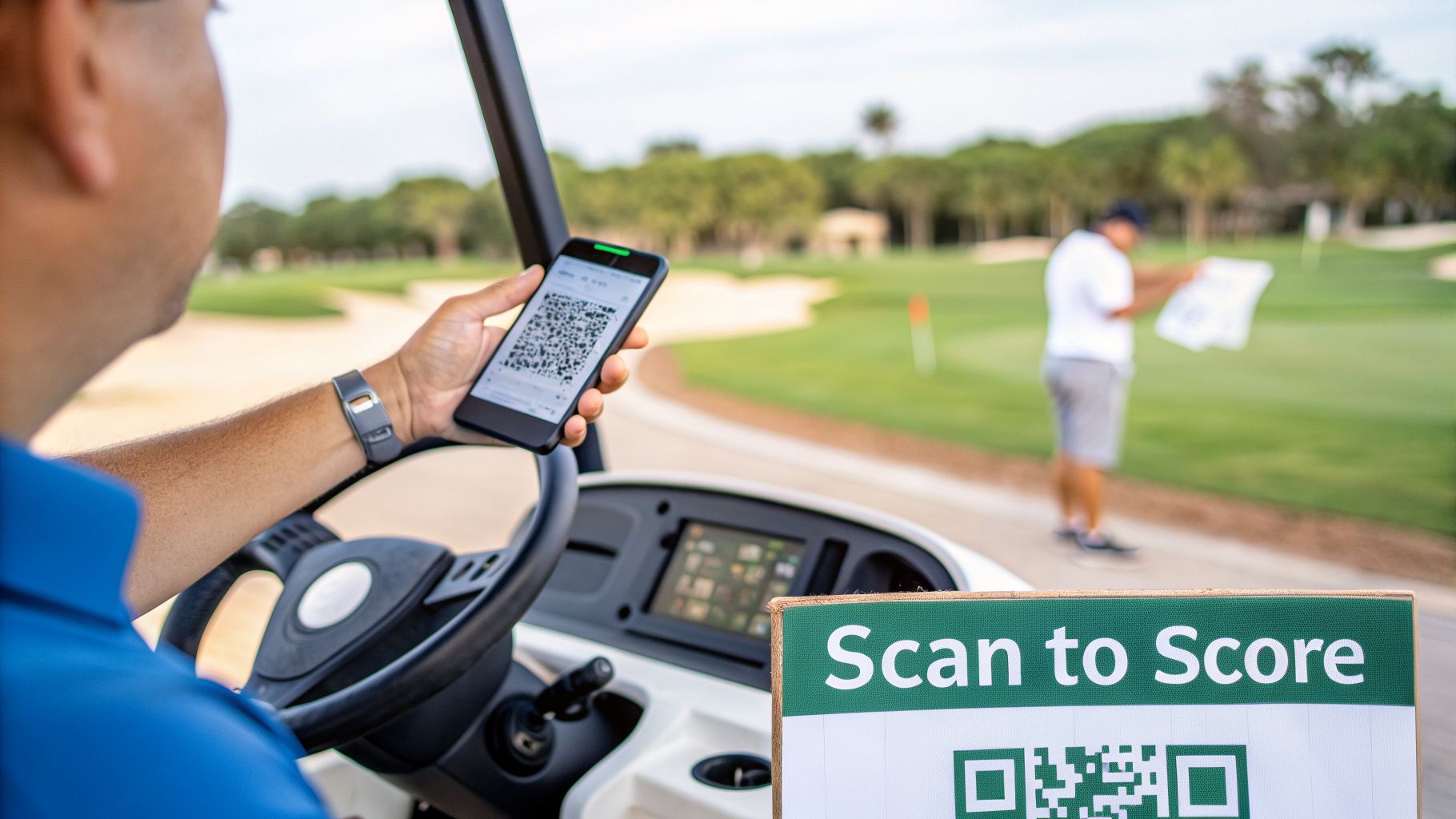 A golfer in a cart uses a smartphone to scan a QR code for scoring on the course.