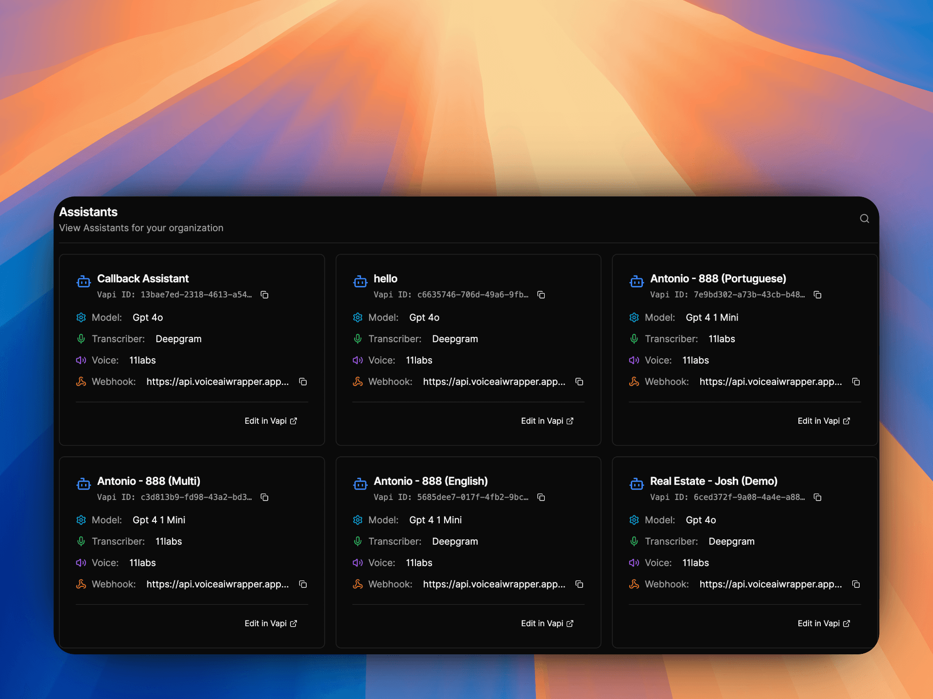 AI calling agent white-label platform showing assistants management interface with six configurable AI calling agents, each displaying model type (GPT-4 or GPT-4.1 Mini), transcriber (Deepgram or 11labs), voice provider (11labs), and webhook URLs for customizable deployment. | voiceaiwrapper.
