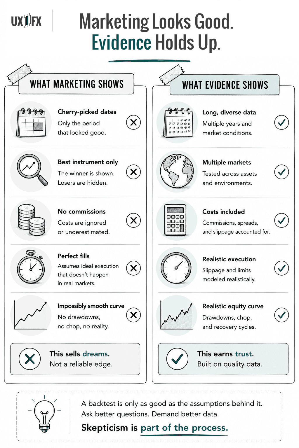 Side-by-side infographic contrasting misleading backtest marketing with trustworthy evidence. Marketing examples include cherry-picked dates, best-performing instruments, unrealistic execution assumptions, and smooth equity curves. Evidence emphasizes long sample periods, multiple markets, realistic costs, out-of-sample testing, and transparent performance reporting.