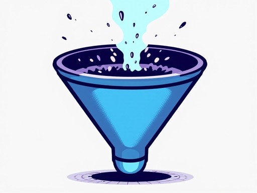 A blue funnel with liquid pouring into it.