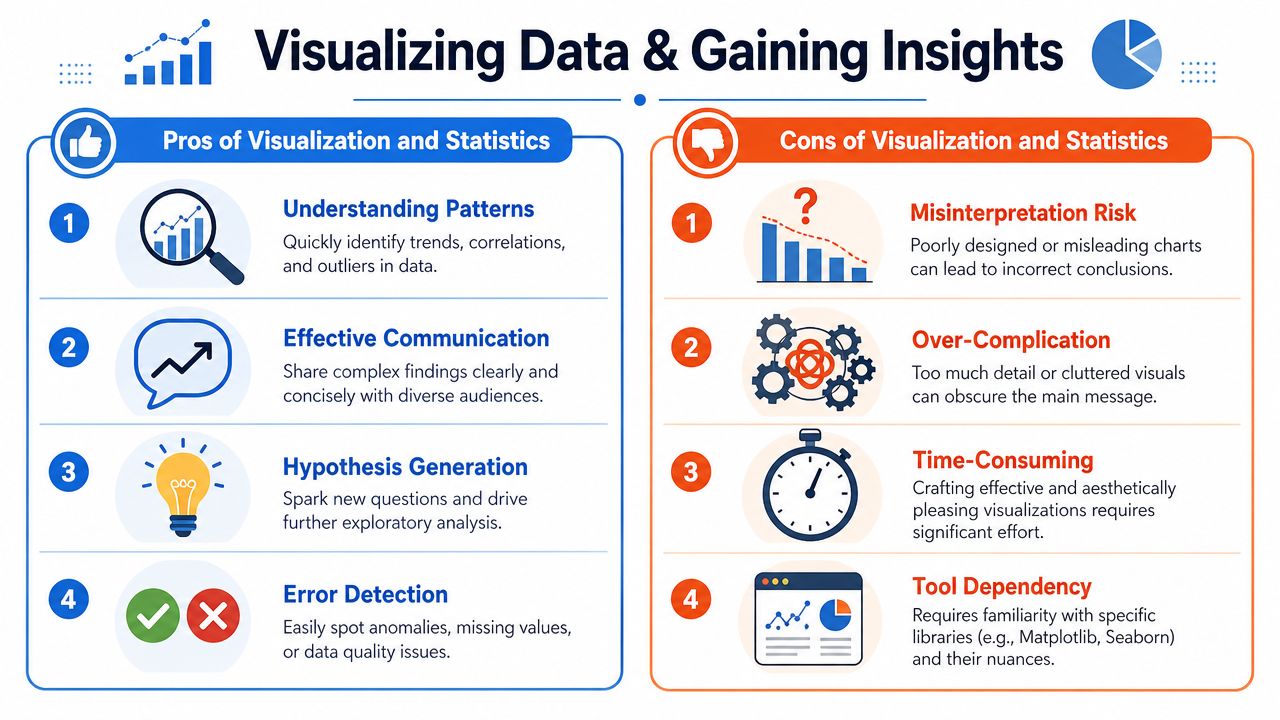 An infographic comparing the pros and cons of data visualization and statistics for data analysis.