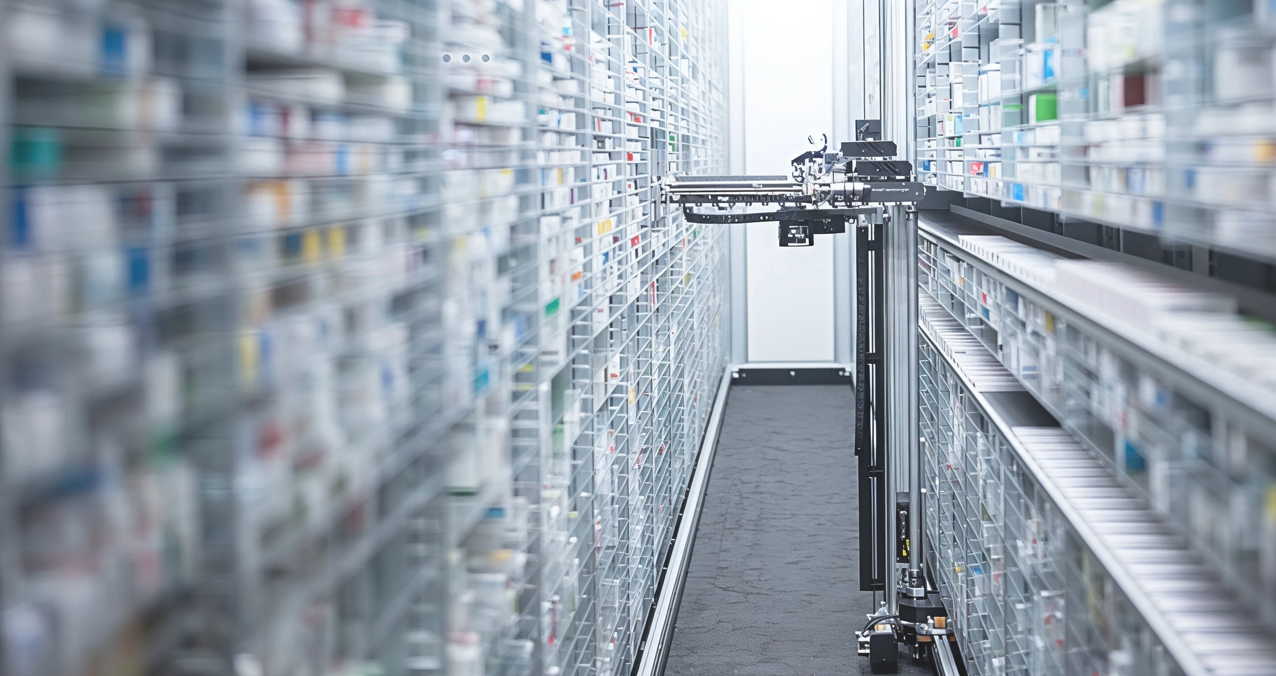 Braccio robotico automatizzato che preleva farmaci tra alte scaffalature in un corridoio automatizzato di farmacia.