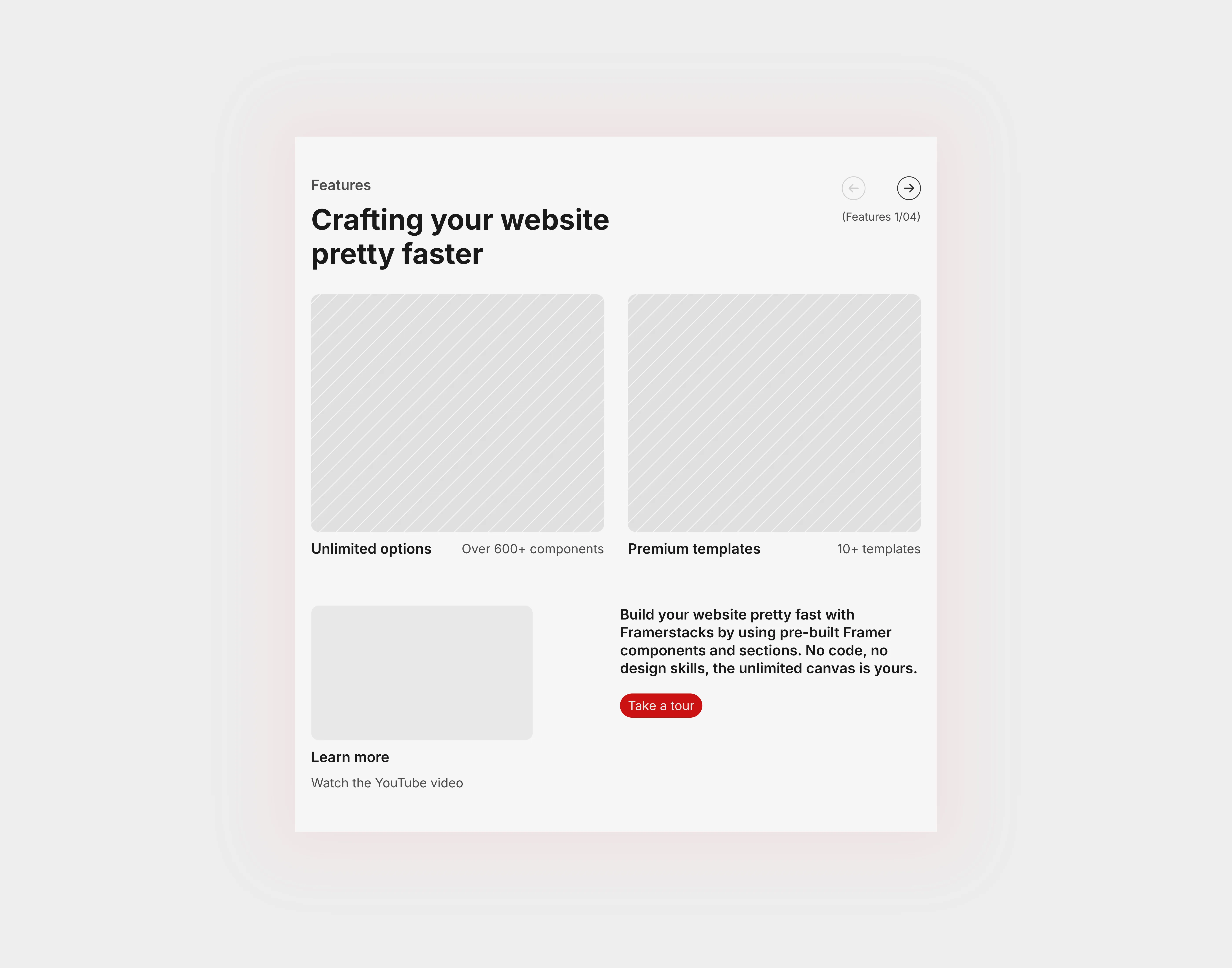 a simple light themed features ui design which can embed both images and video. optimized for tablet devices.