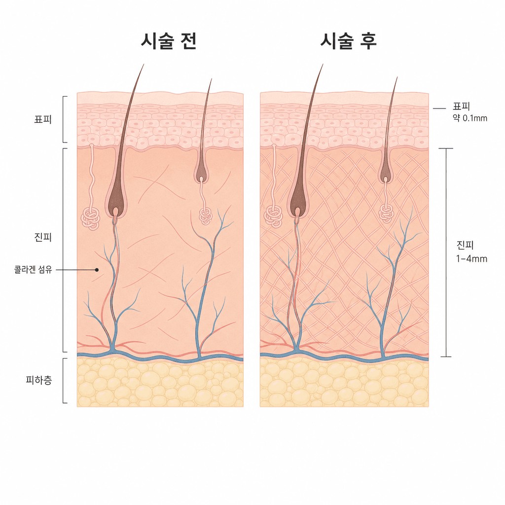 콜라겐 생성 자극 전후 진피층 비교