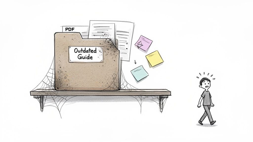 A dusty 'Outdated Guide' folder on a shelf, with sticky notes falling out, watched by a confused person.