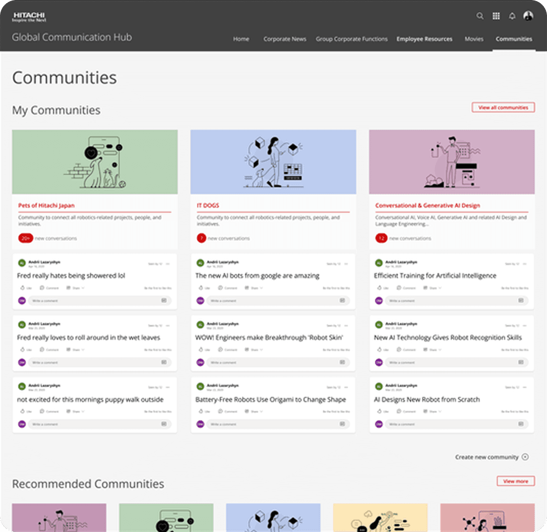 Hitachi communication hub desktop interface showing Communities feature with engagement tools