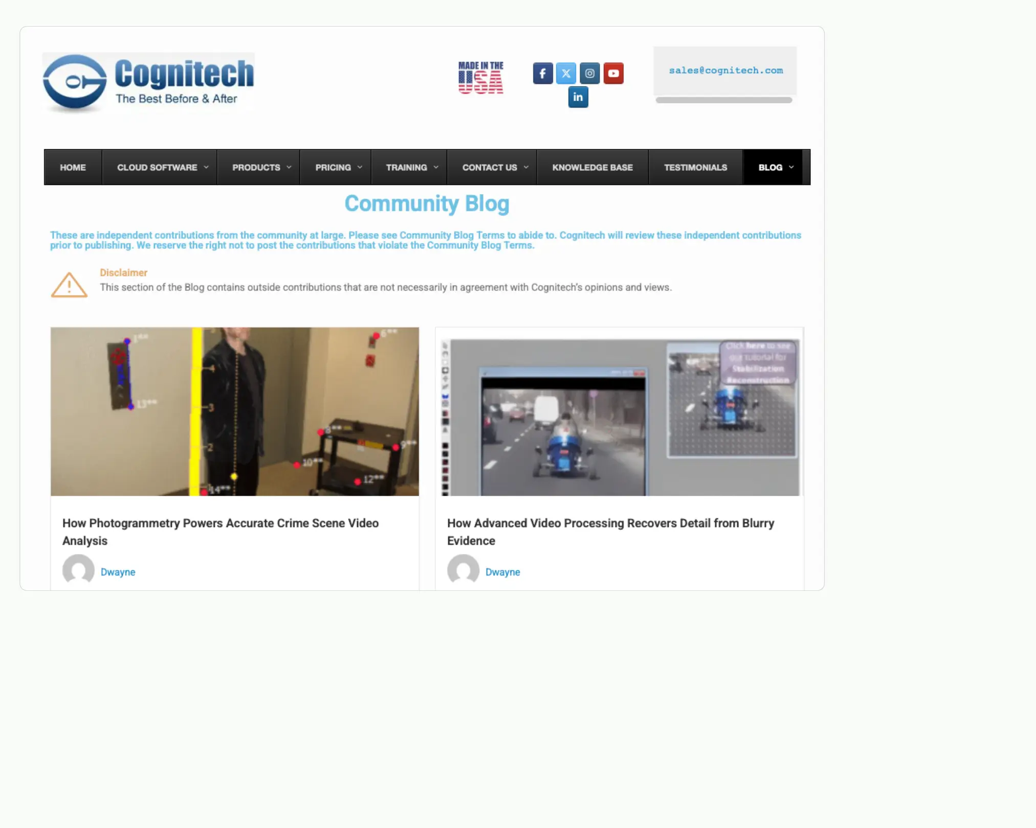 Cognitech community blog featuring forensic video analysis and photogrammetry articles.
