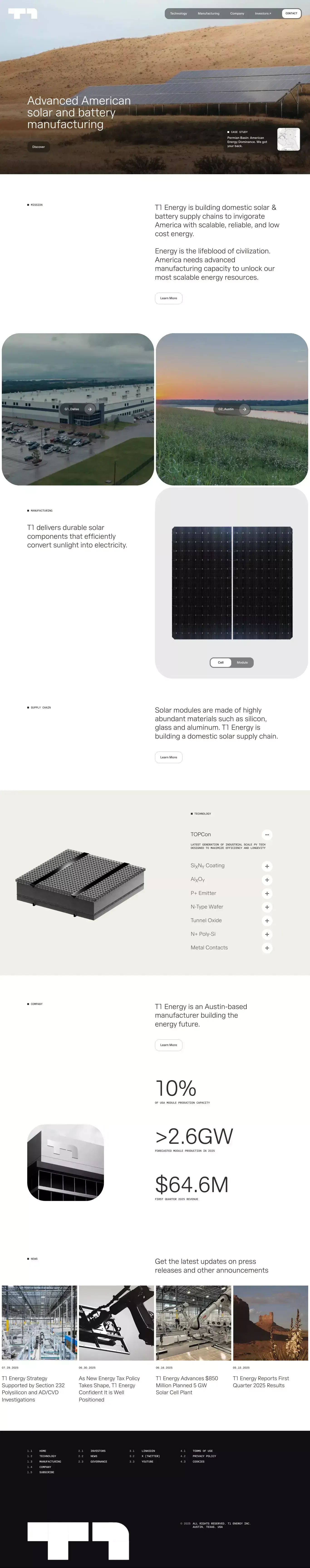T1 Energy landing page screenshot showcasing Tech design