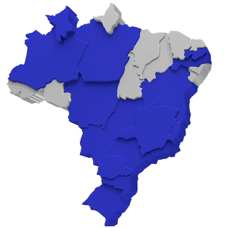3D map of Brazil highlighting states in blue and gray, showcasing Inbix's educational platform regions.