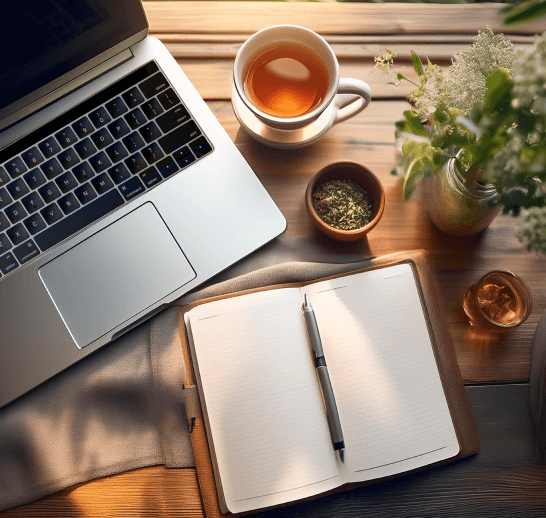 Wooden table with a laptop, tea, open journal, and potted plant, representing tools for self-reflection and support