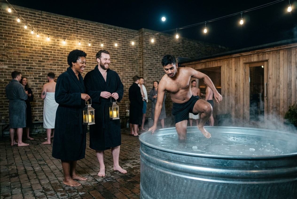 At night in the brick yard, a man climbs into a steaming plunge tub while friends in robes hold lanterns.