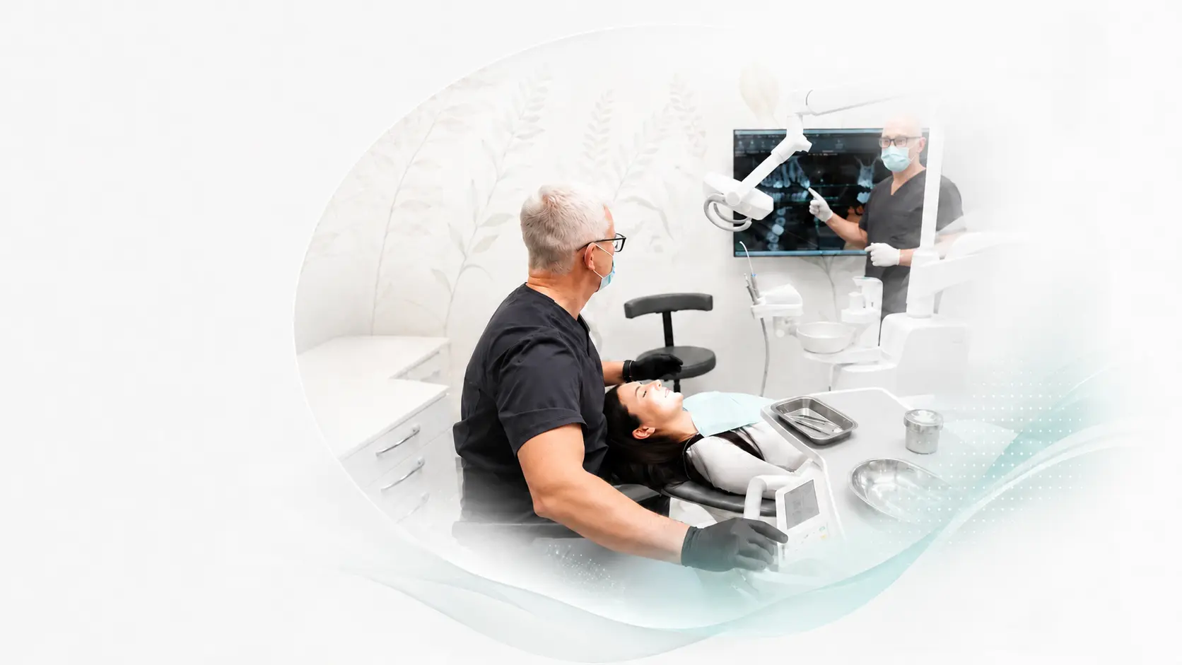 A dentist and nurse in a modern, well-equipped dental clinic.