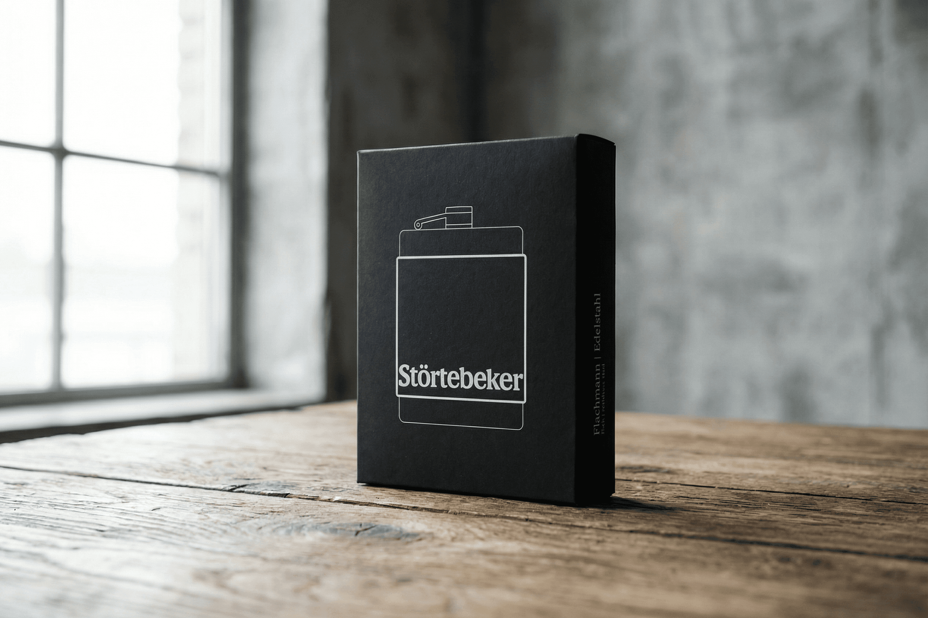 Black box with white flask image and German text