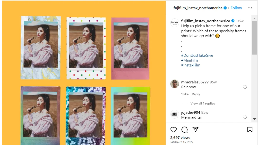 An Instagram post by Fujifilm asking people to select a frame