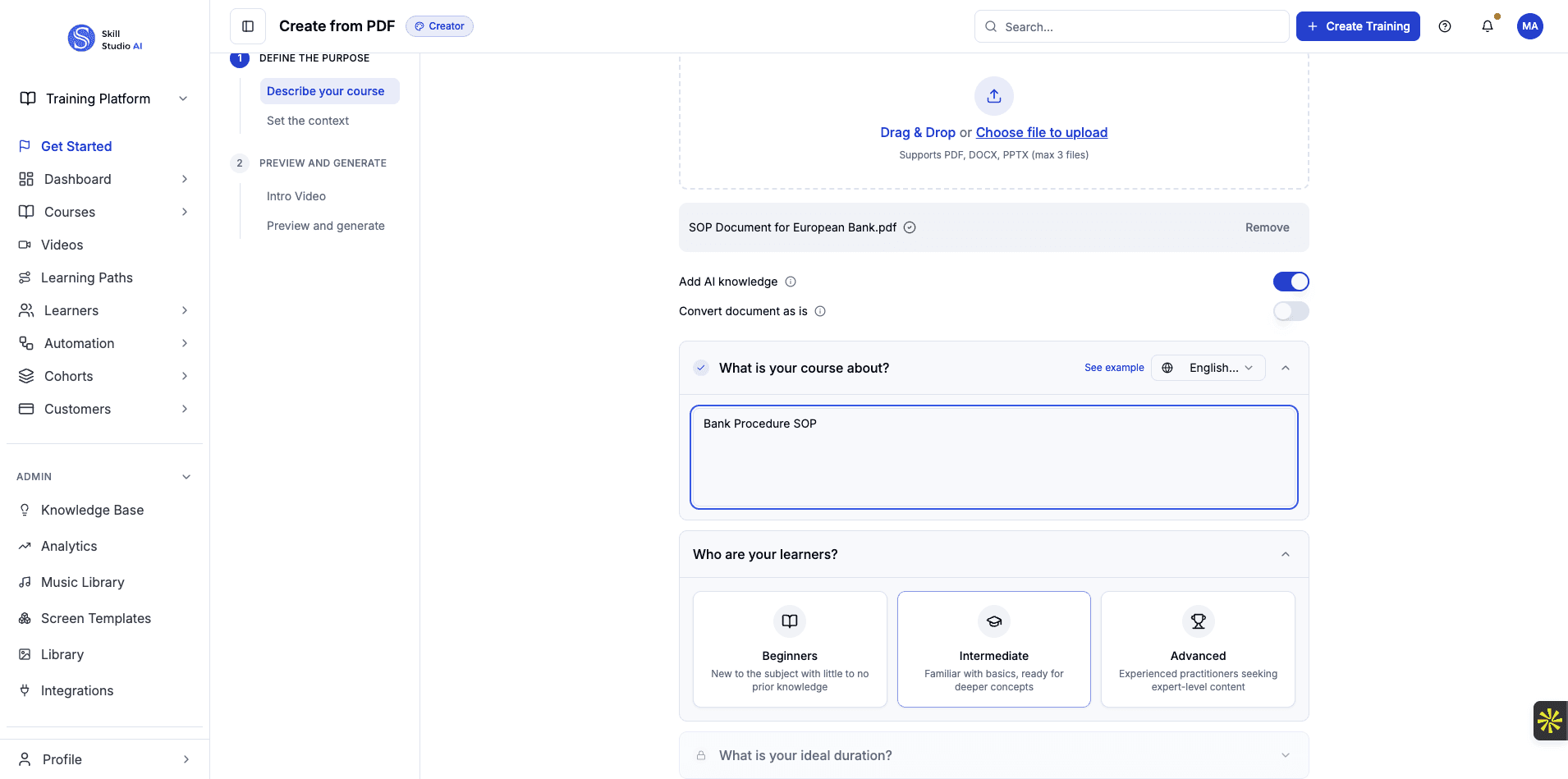 Select Intermediate as your audience level to tailor the content complexity.