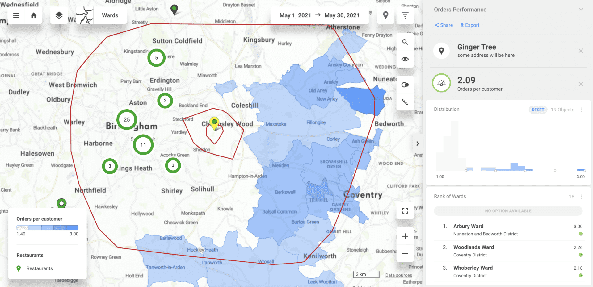 Delivery zone analysis in the CleverMaps platform.