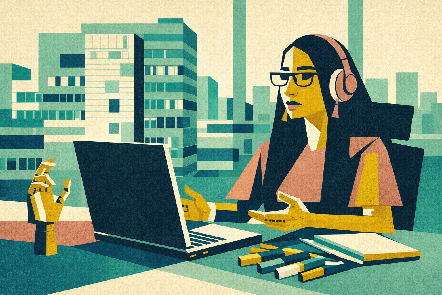 Neo laureata in smart working davanti al computer, concentrata ma incerta sul proprio percorso professionale