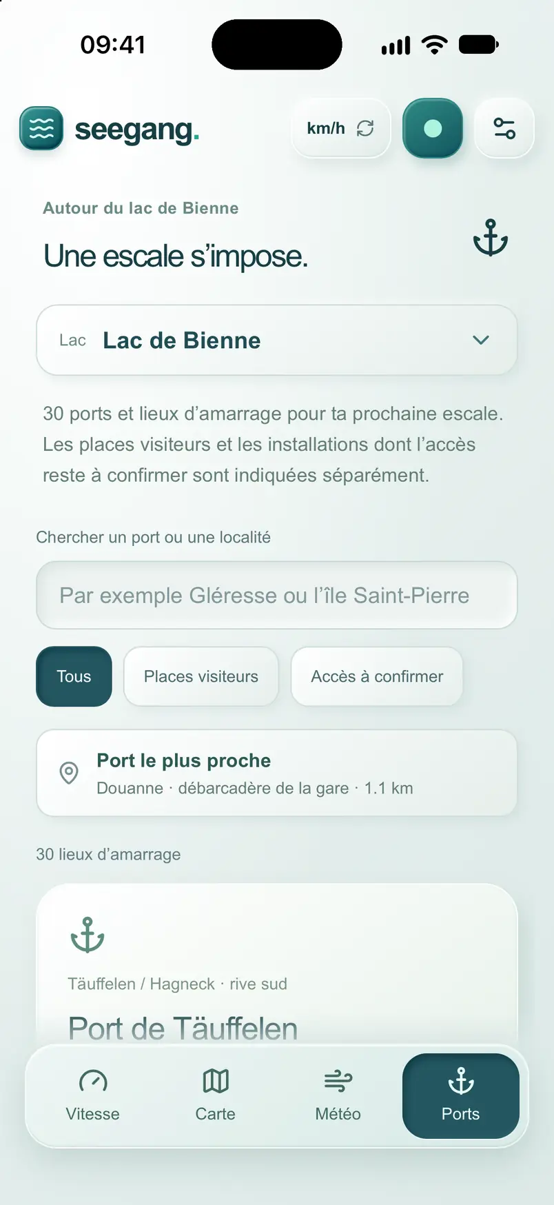 Liste des ports seegang avec choix du lac
