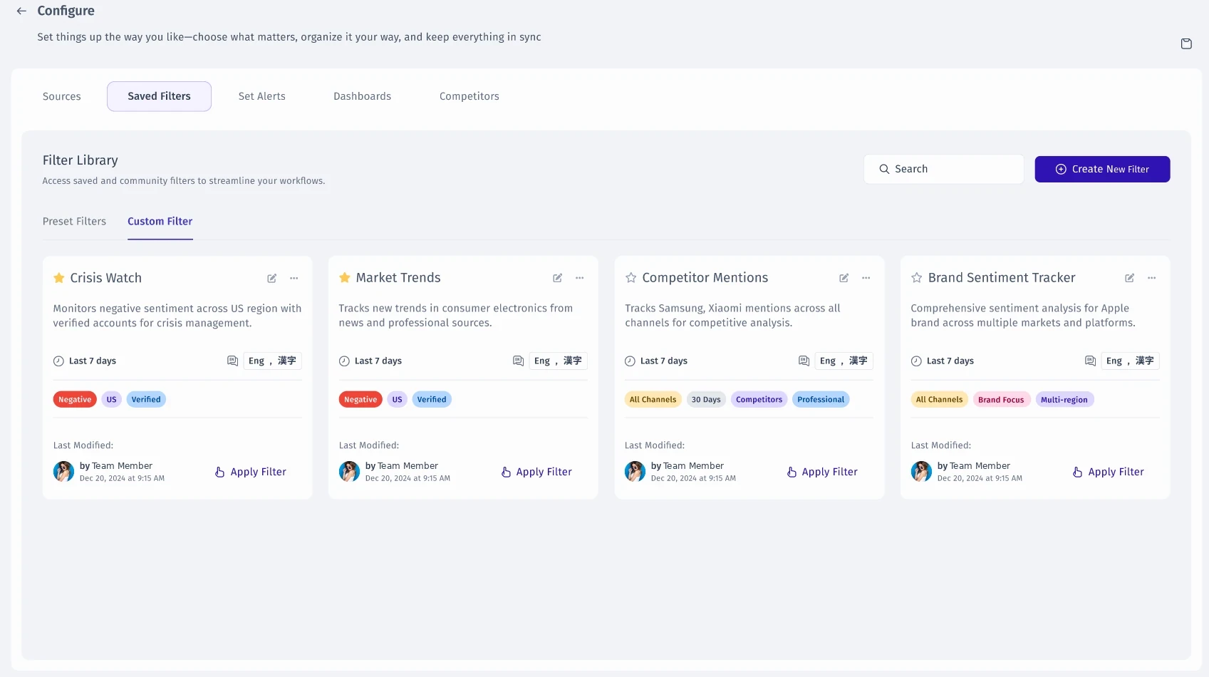 Filter Library with preset and custom filter cards, each showing its criteria and an Apply Filter action.