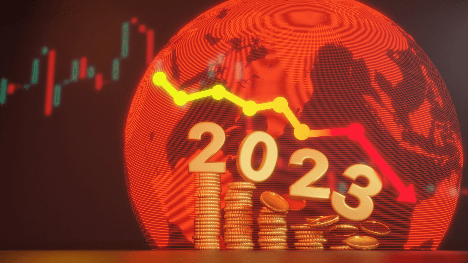 Eruption of gold coins and numbers In a red holographic world from Inflation and showing stock market graphs, funds and investments