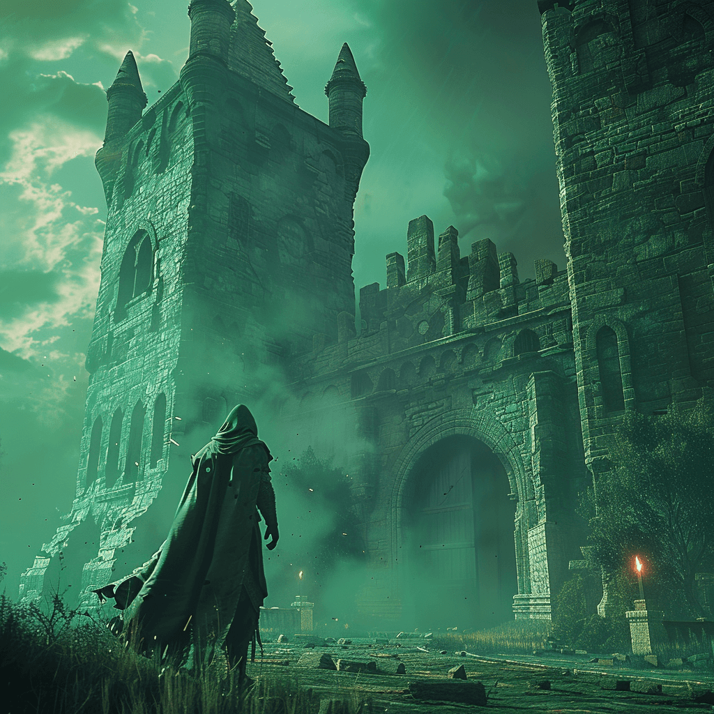 Green robed character in front of a castle