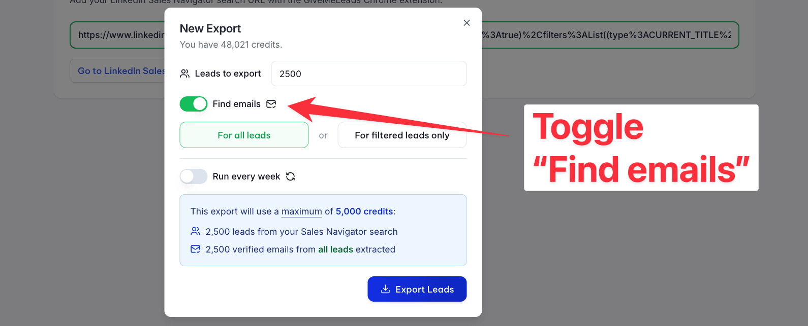 Toggle find emails button on GiveMeLeads