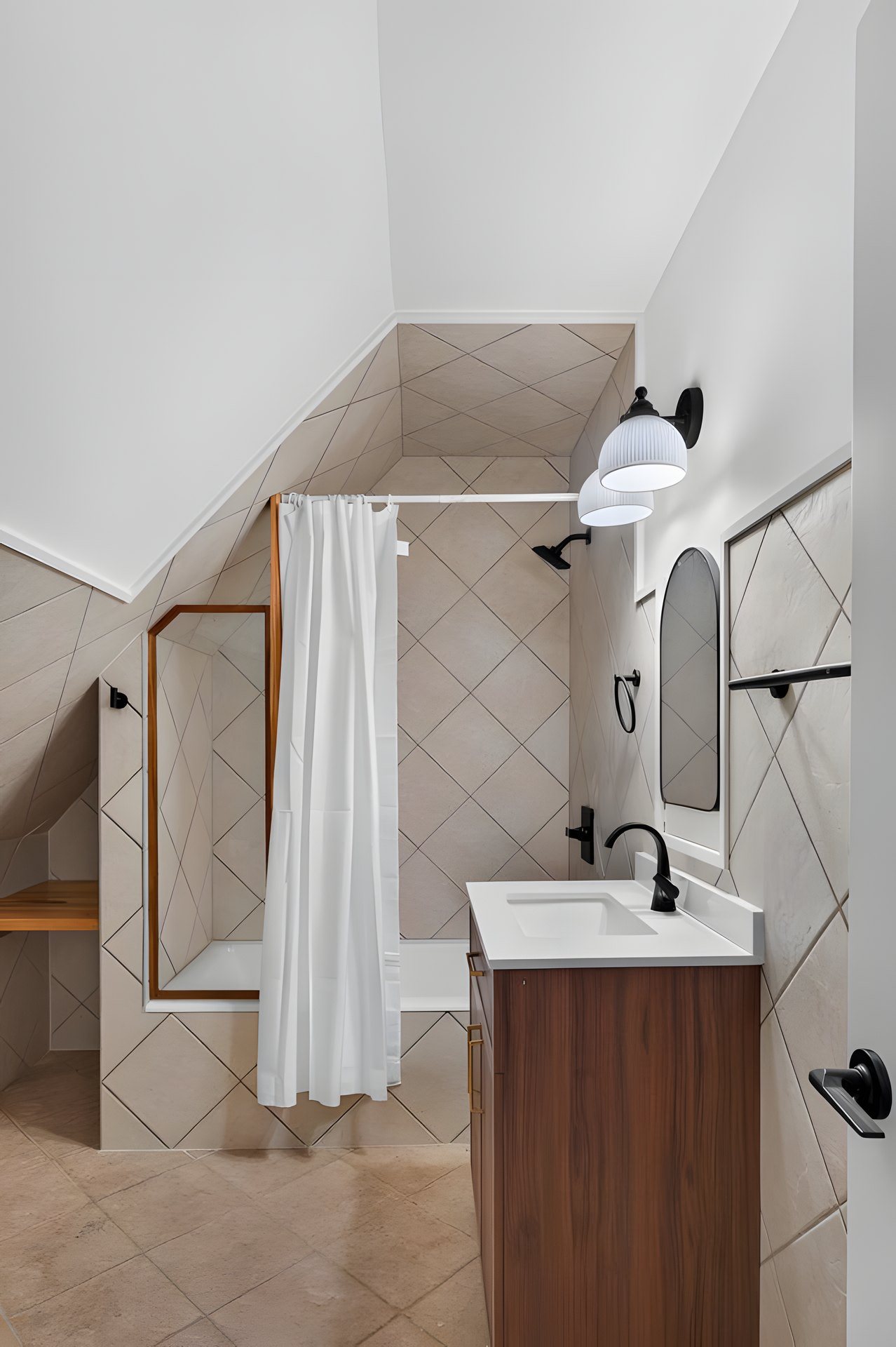Small bathroom with a stone-tiled shower and a dark wood vanity