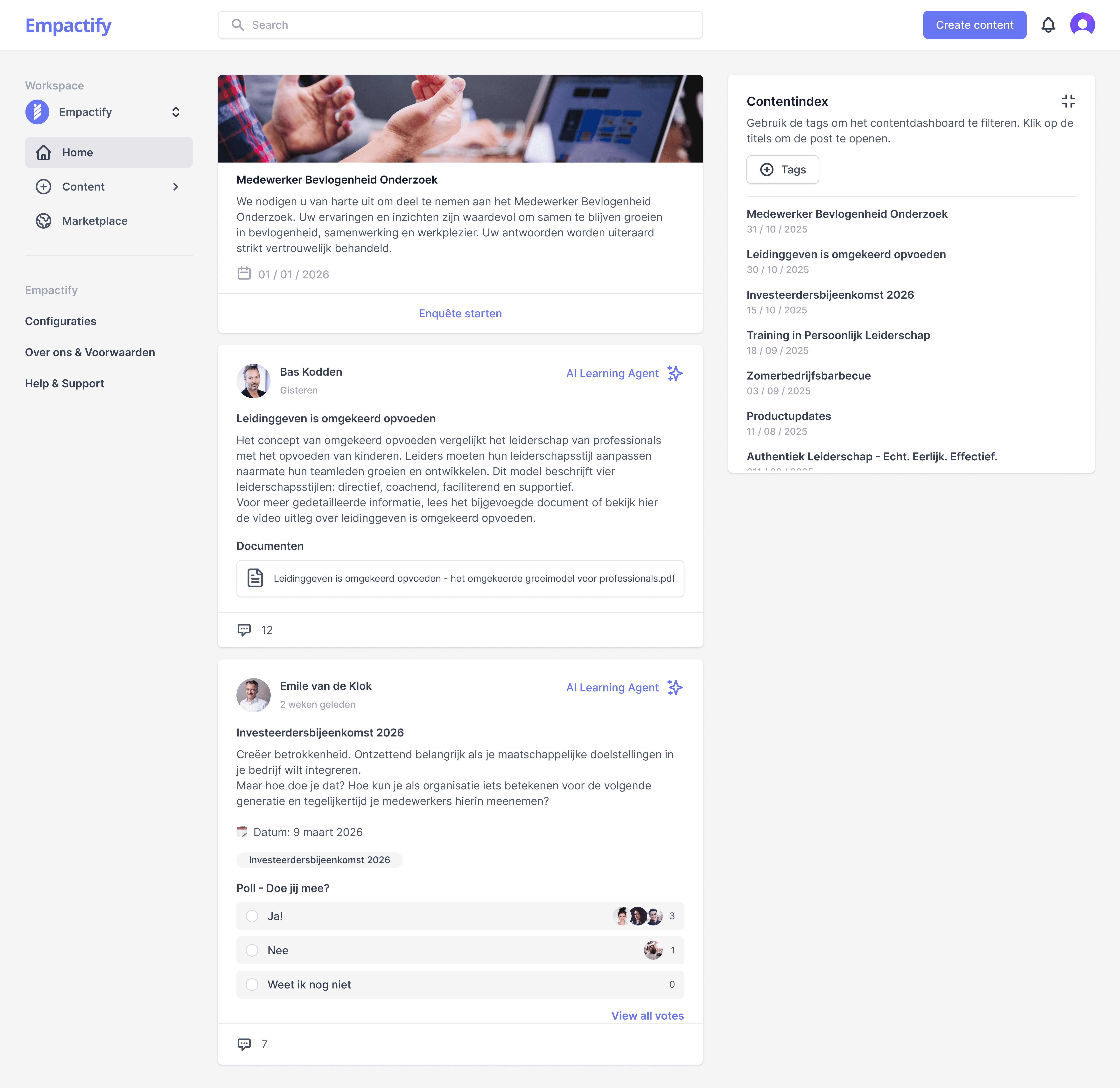 Empactify-dashboard met nieuwsoverzicht en contentindex