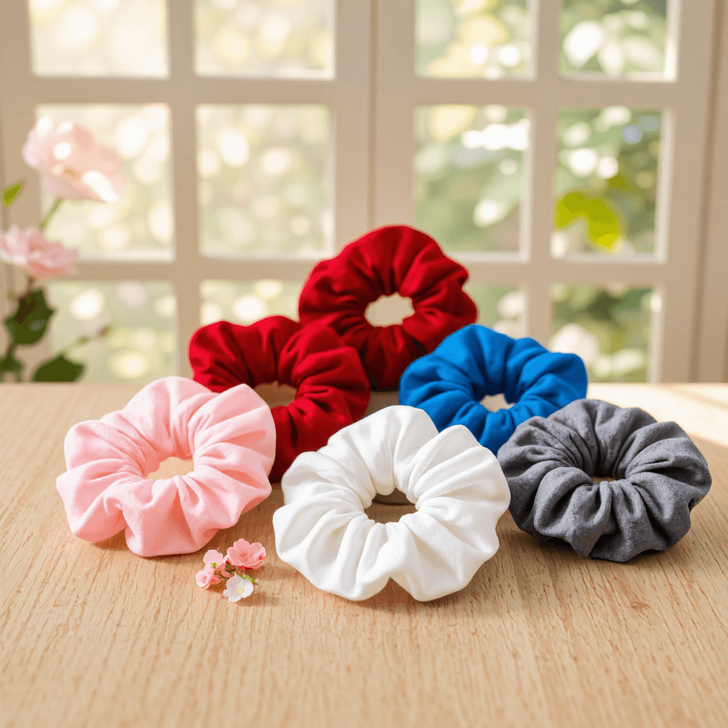product photography of a set of hair scrunchies, used for tying hair, featuring various colors and textures