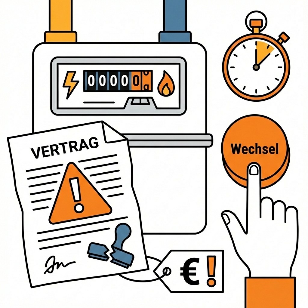 Illustration: Gaszähler, Vertrag und Euro-Preisschild. Eine Hand drückt einen Button mit der Aufschrift „Wechsel“.