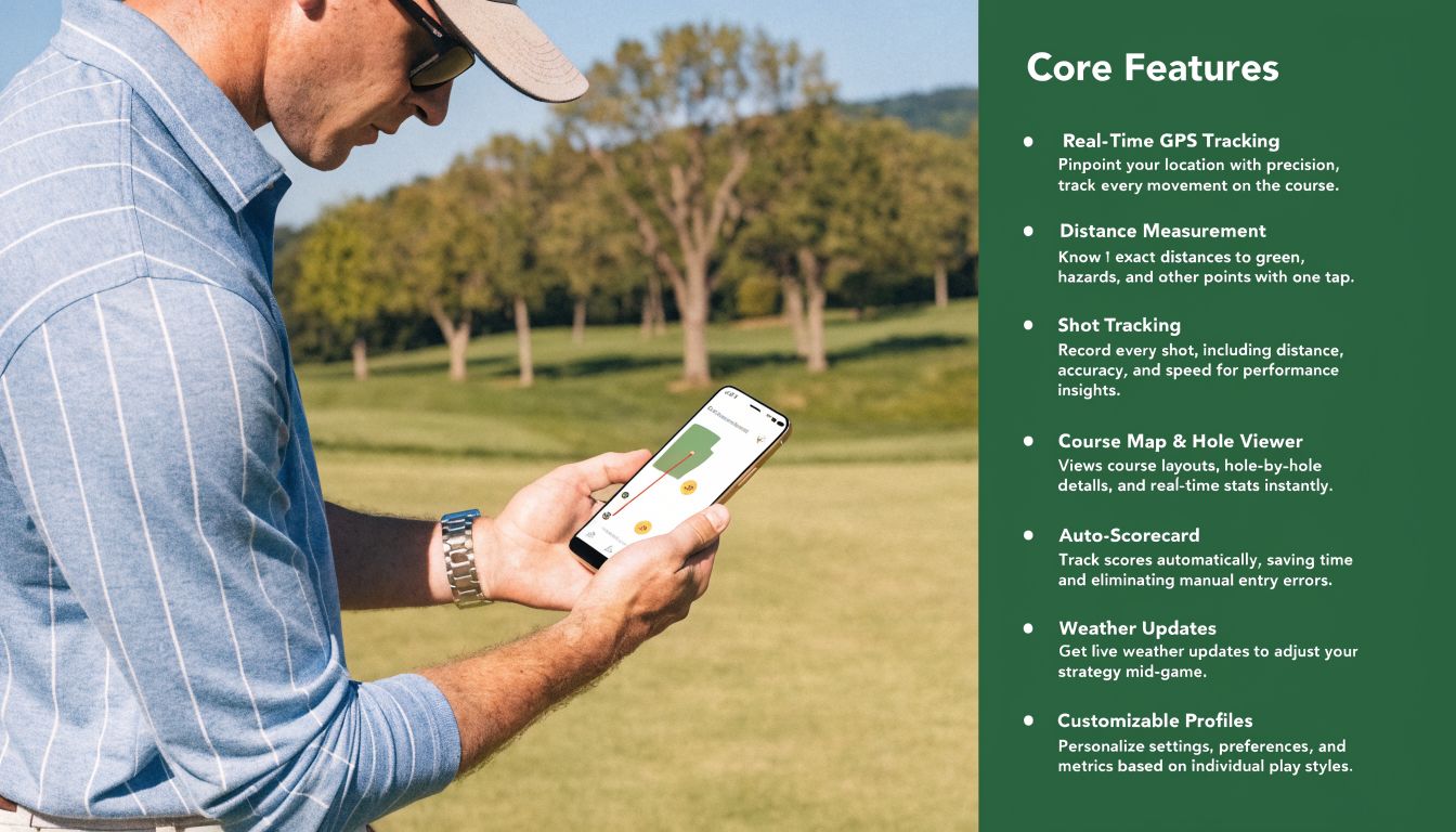 A golfer using a mobile app on a smartphone to view course layouts while standing on a course.