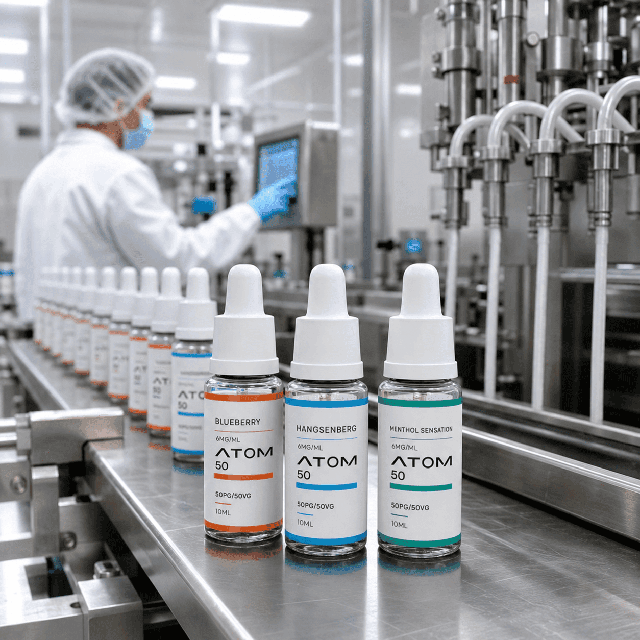 ATOM e-liquid bottles on an automated manufacturing line for reliable production