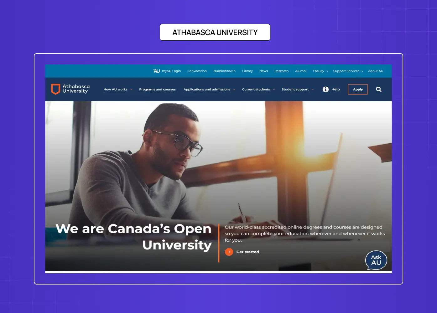 Athabasca University homepage promoting online education with a student-focused hero section and application CTA.