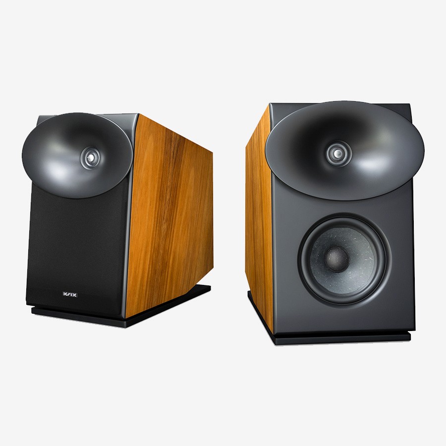 Two KEF speakers with black and wood finish.