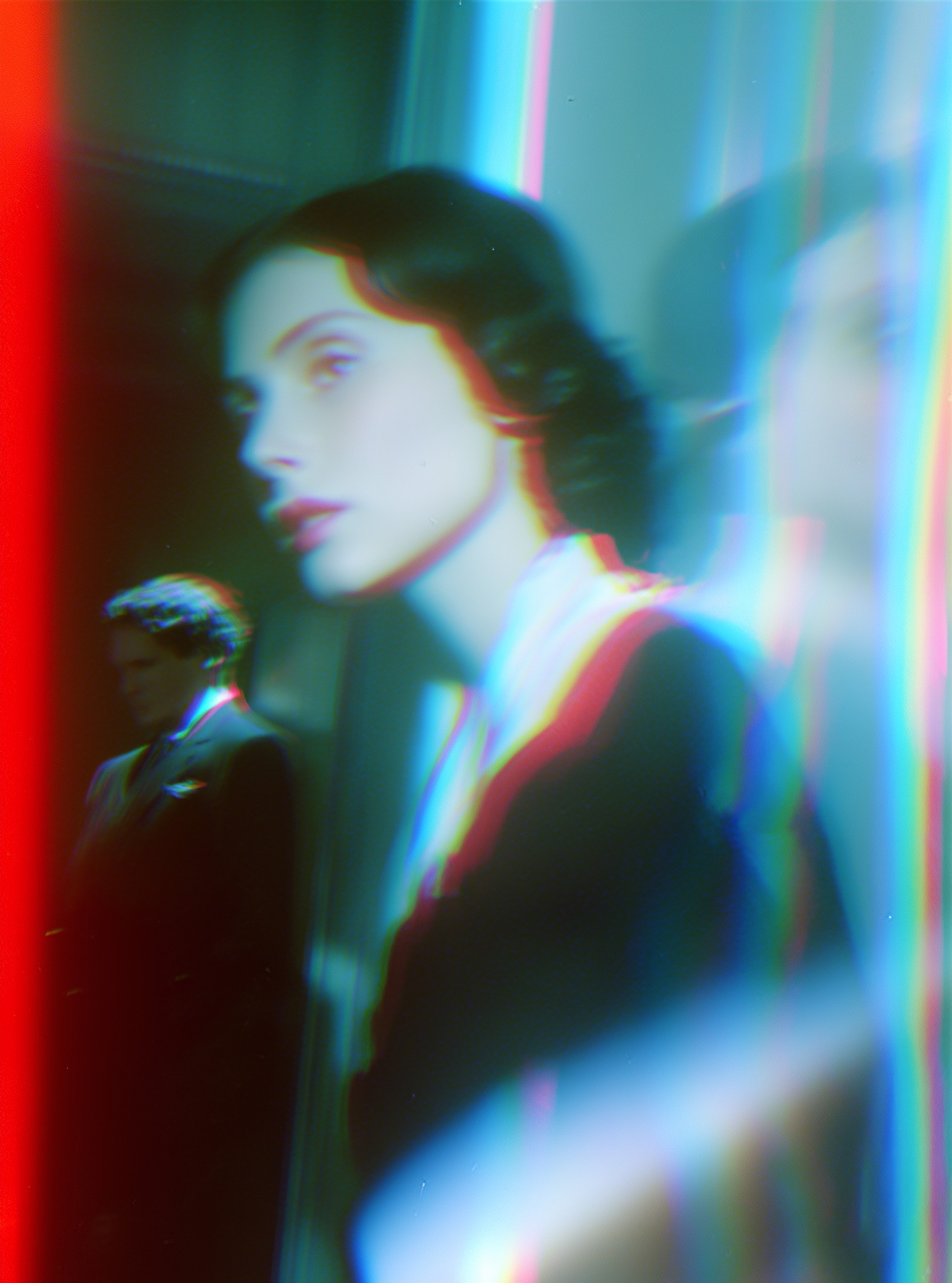 Dreamlike portrait of a woman in dark clothing with colorful light streaks and a blurred figure in the background.