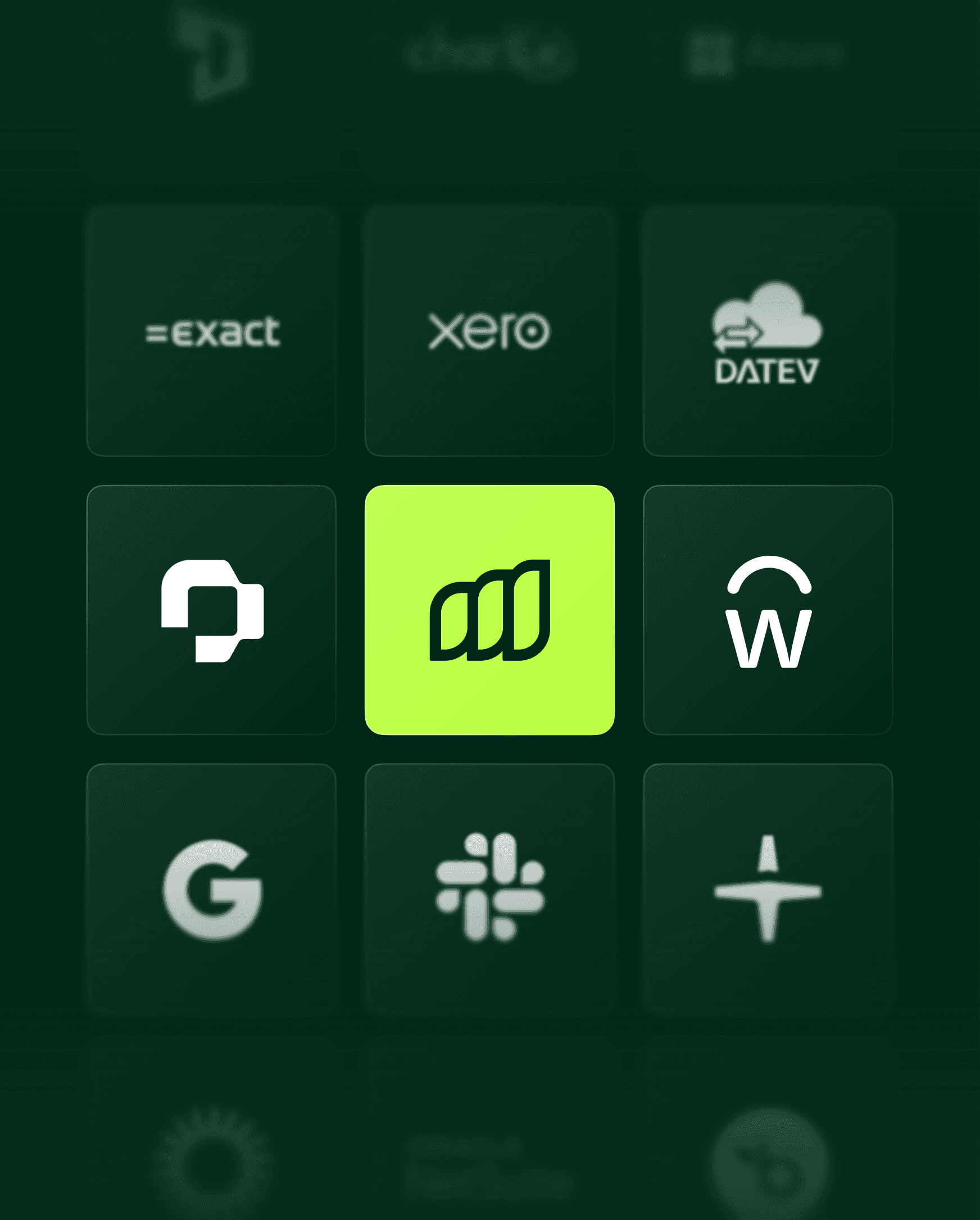Moss integration tiles for Xero, DATEV, Slack and other tools on a dark green background