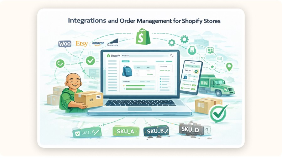 Shopify store integrations syncing orders, inventory, tracking, and SKU management