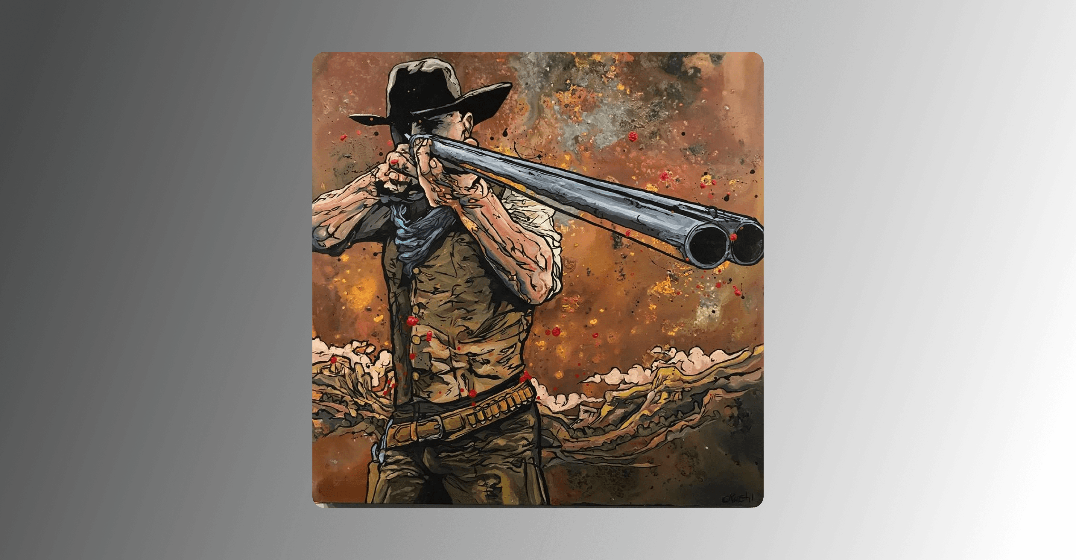 A painting of a cowboy shooting a rifle. The viewer is almost staring down the barrel of the gun. In the background is a desert in orange/tan.