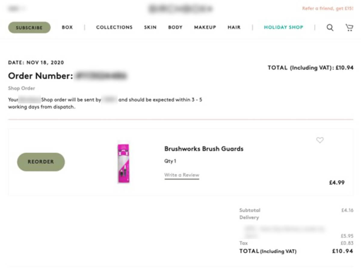 Online order confirmation showing product details and total cost