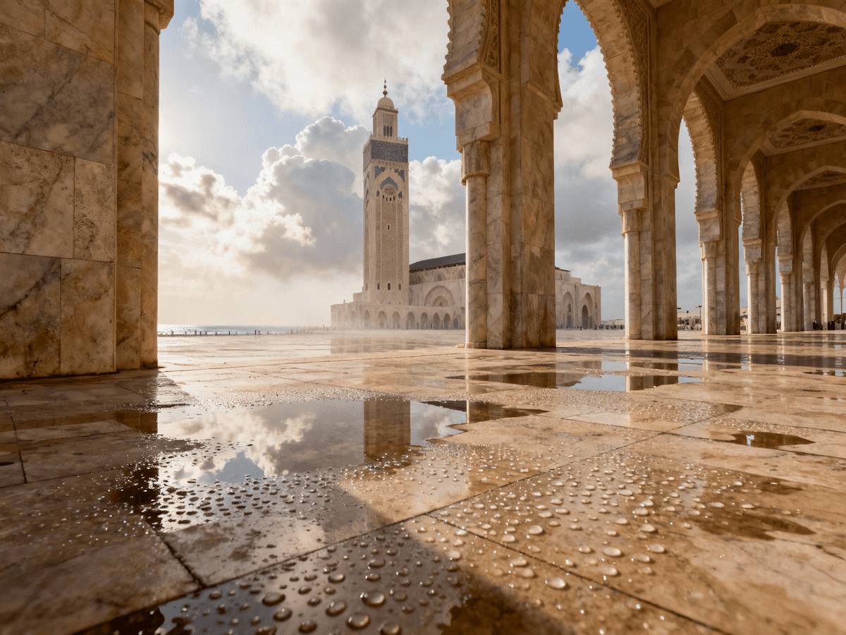 alt="Historic mosque tower reflecting on rain-soaked stone plaza in a Moroccan city."
