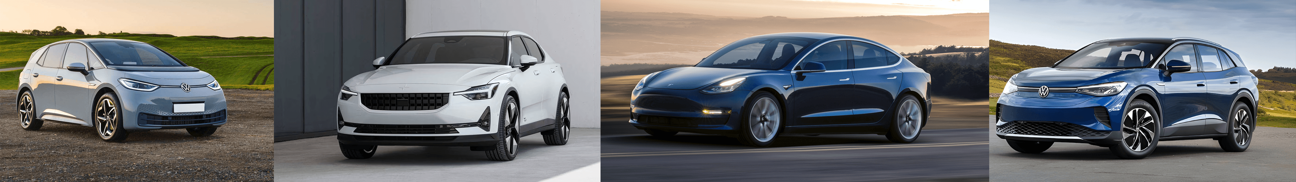 Comparaison de quatre voitures électriques avec Volkswagen ID.3, Polestar 2, Tesla Model 3 et Volkswagen ID.4 sur un même visuel.png