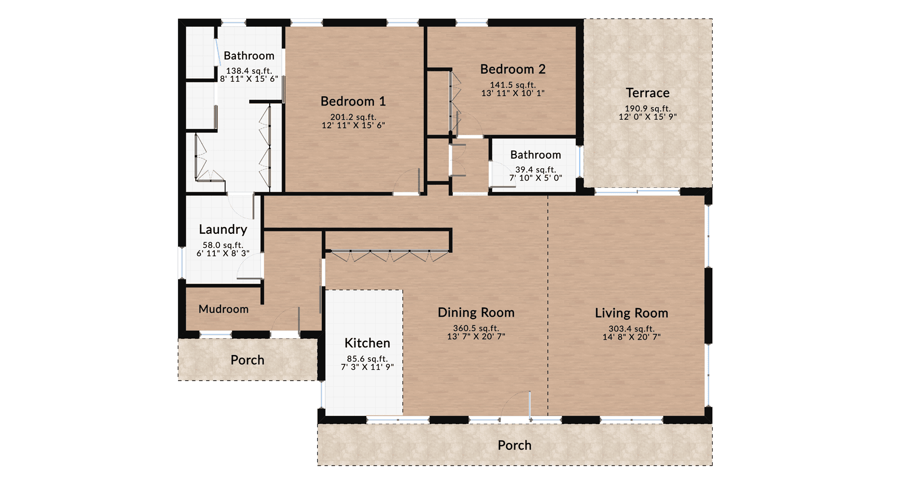 Two-bedroom house floor plan with a spacious living room, dining area, kitchen, two bathrooms, laundry room, mudroom, and terrace.