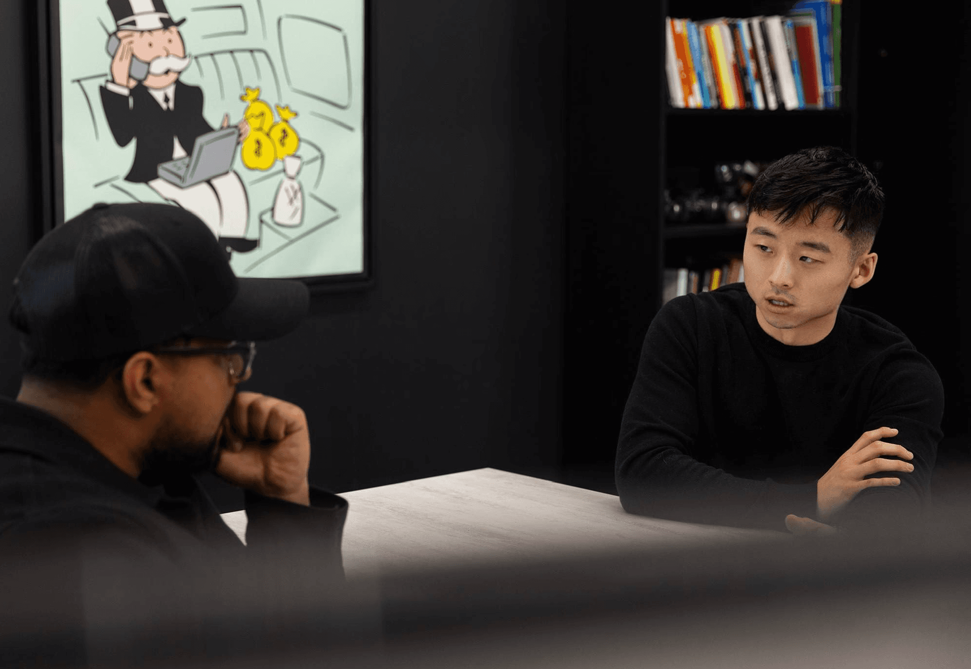 A modern living room with city views.