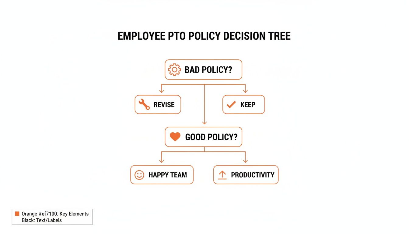 A flowchart showing an employee PTO policy decision tree, from 'Bad Policy?' to 'Happy Team' and 'Productivity'.