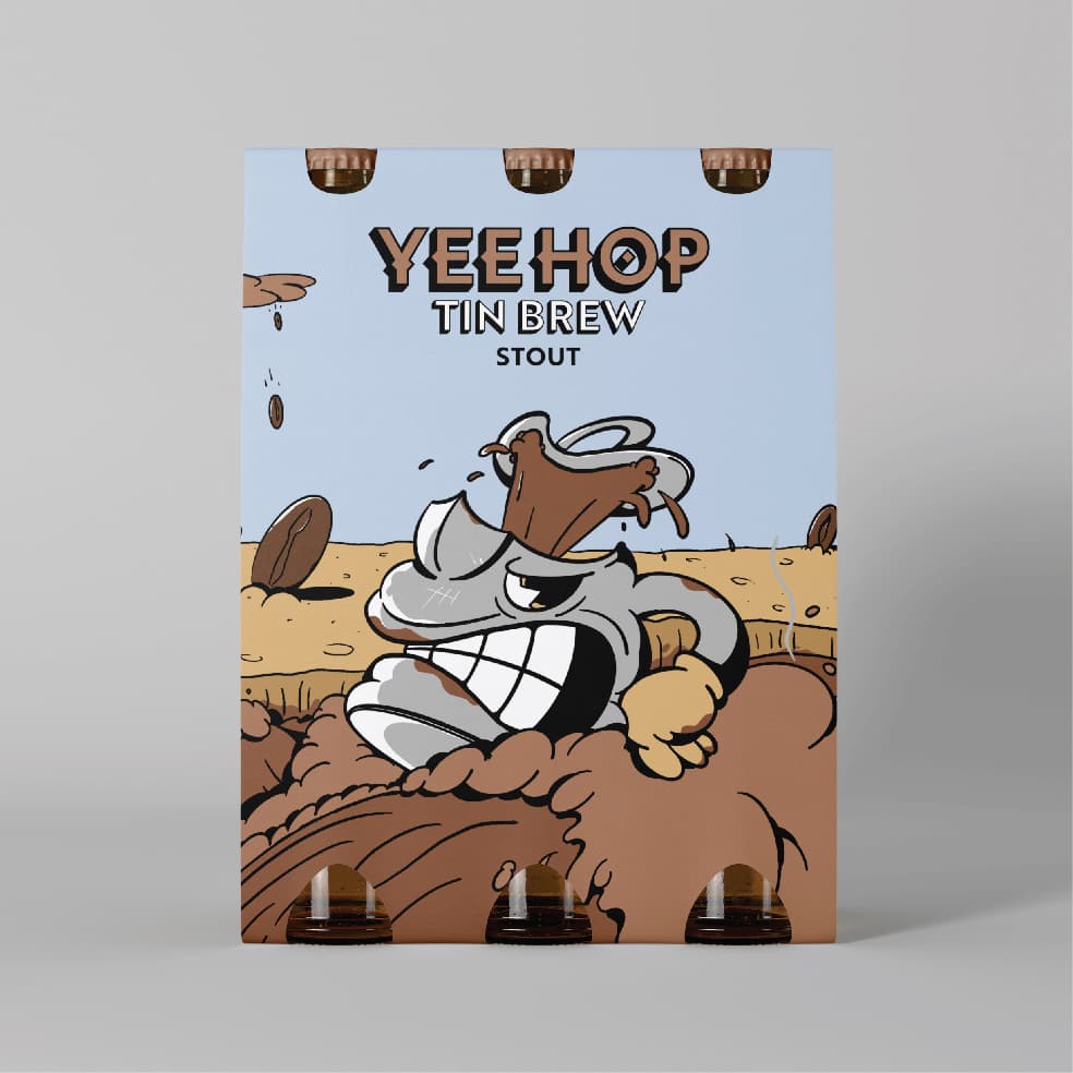 YeeHop Tinbrew Stout outer packaging for triple beer pack, featuring playful rubber-hose–style artwork of a kettle character floating down a river of coffee beans in the wild west.