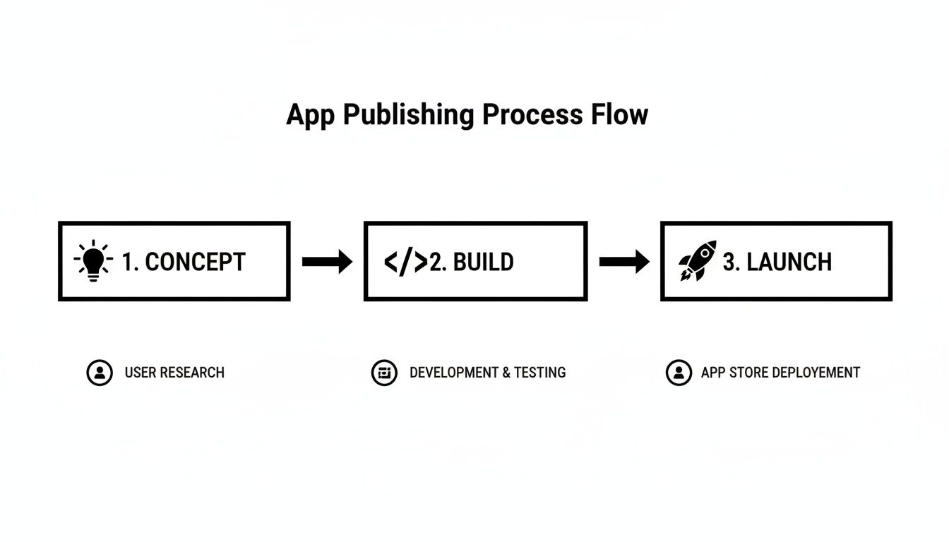 A flow chart illustrates the three-step app publishing process: Concept, Build, and Launch.